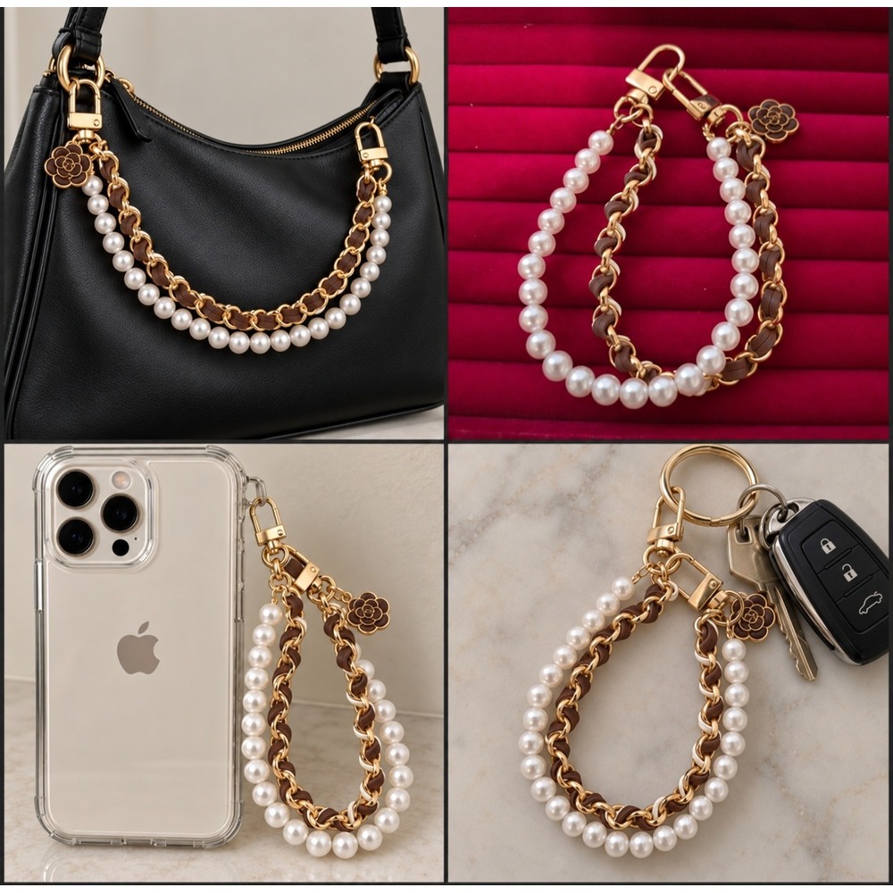 Coffee Brown Pearl Chain Phone Charm Bag Charm Keychain Camellia Flower 10in